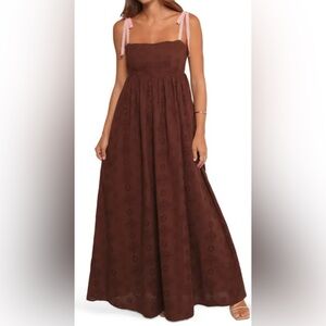 Petal + Pup Eyelet Midi Dress Brown Pink Straps NWT Size Small
